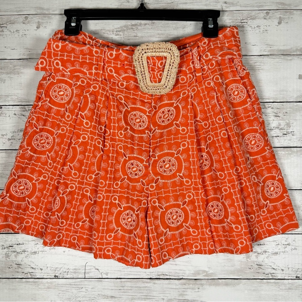Sam Edelman Romy Highrise Pleated Eyelet Orange Cotton Shorts 6 - Picture 2 of 7